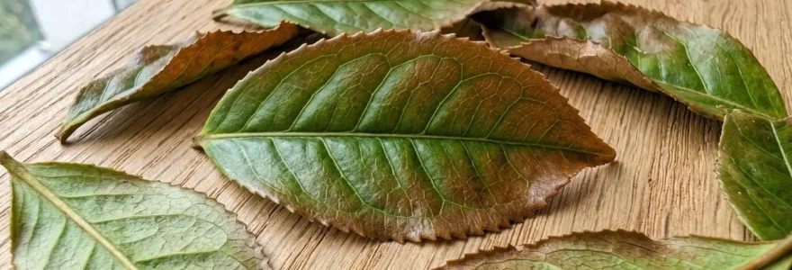 Gros plan rapproché sur des feuilles de thé oolong semi-oxydées montrant un dégradé naturel de couleur vert à brun sur les bords