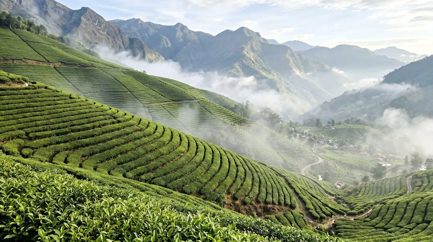 Plantation de thé en terrasses sur versant montagneux avec rangées ordonnées de théiers verts et brume matinale légère en arrière-plan