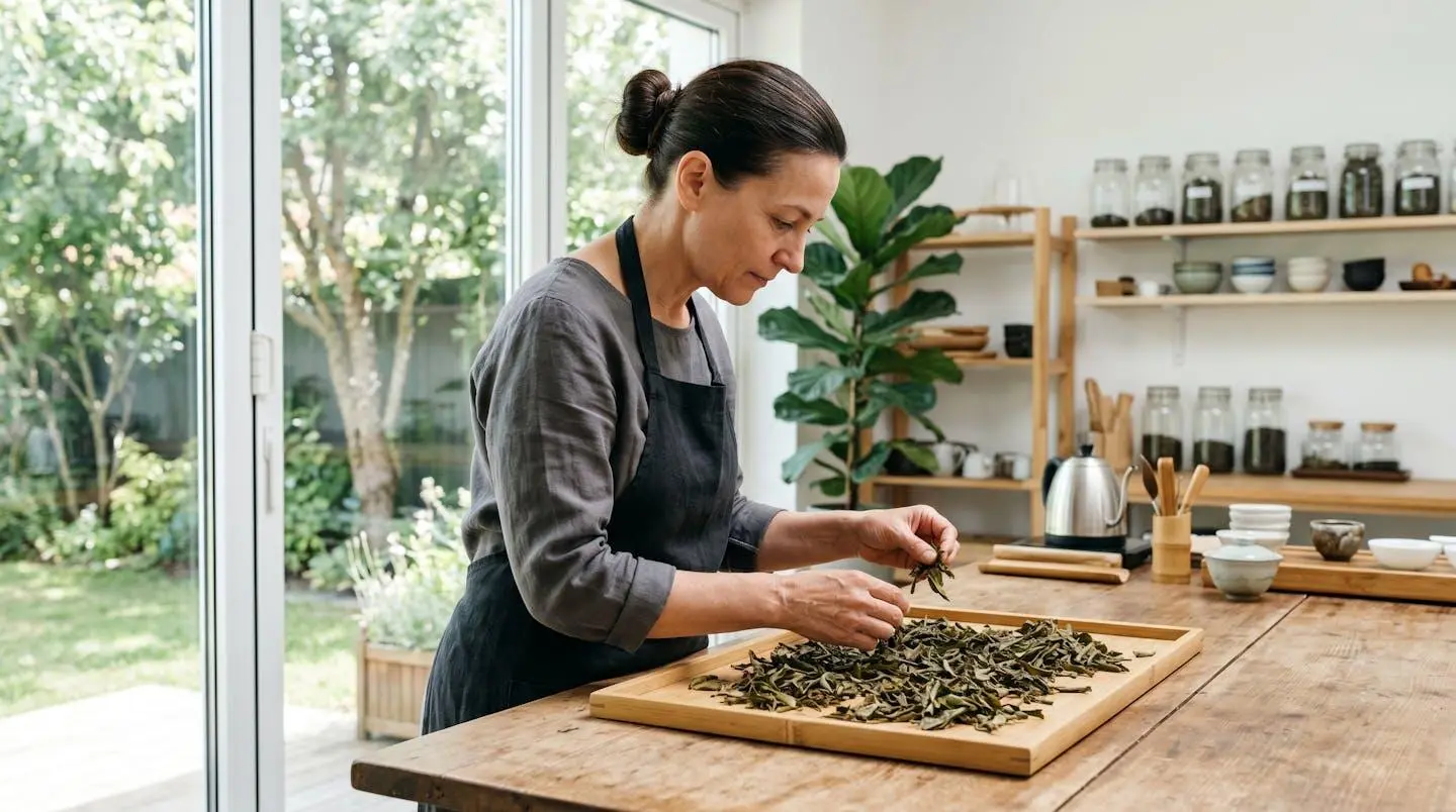 Tea Master vu de profil inspectant attentivement des feuilles de thé en cours d'oxydation disposées sur une table de travail en bois dans un atelier lumineux